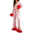 thumbnail image 1 of Women Satin Loungewear Set Heart Print Feather Cuff Long Sleeve Tops with Pants Sleepwear Valentines Day Pjs, 1 of 6
