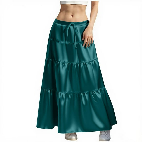 Women Satin Maxi Skirt 2025 High Waisted Elastic Tiered A-Line Swing Party Cocktail Skirt Flowy Flared Ruffle Hem Elegant Boho Formal Midi Skirt Dressy Evening Attire Fall Wedding Guest Outfit