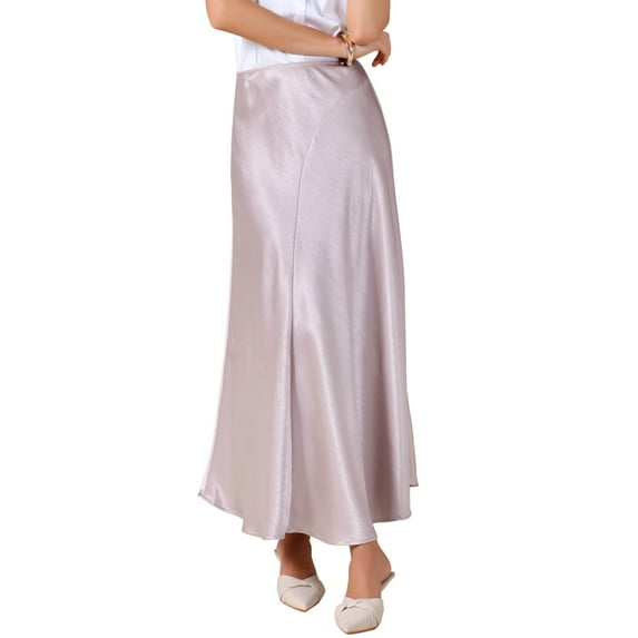 Women Satin Midi Skirt Elastic Waistband High Waisted Flowy Casual Elegant Silk Skirts 2025 L Pink
