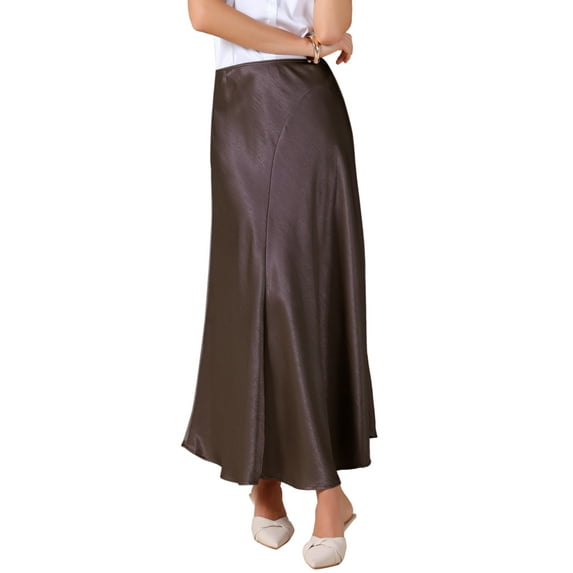 Women Satin Midi Skirt Elastic Waistband High Waisted Flowy Casual Elegant Silk Skirts 2025 M Purple