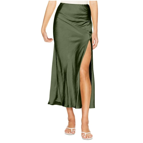 Women Satin Midi Skirt High Elastic Waisted Pleated Slim Fit Skirts Casual Elegant A Line Cocktail Party Skorts