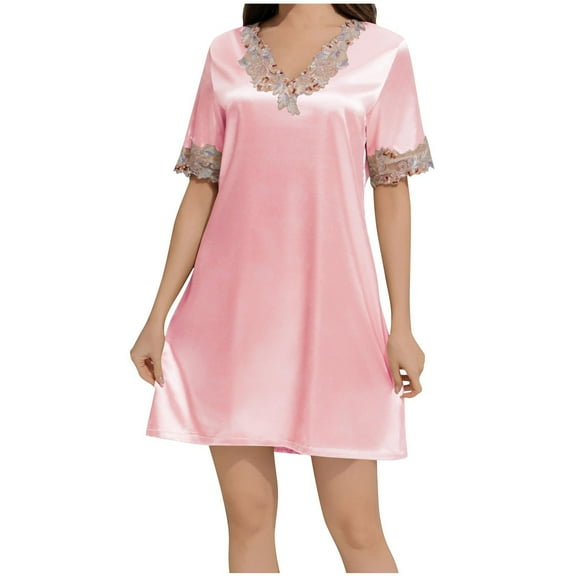 Women Satin Nightgown Short Sleeve Lace Sleepwear Silk Nightshirt V Neck Loungewear Soft Nightdress Pajamas