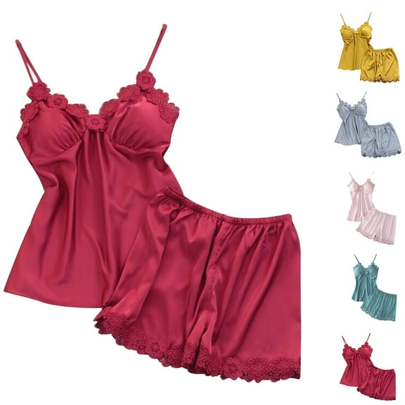 Women Satin Pajama Set Lace Cami Top and Shorts Silk Sleepwear Two Piece Loungewear Nightwear Pjs