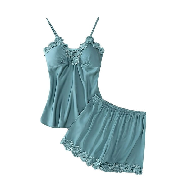 Women Satin Pajama Set Lace Cami Top and Shorts Silk Sleepwear Two Piece Loungewear Nightwear Pjs