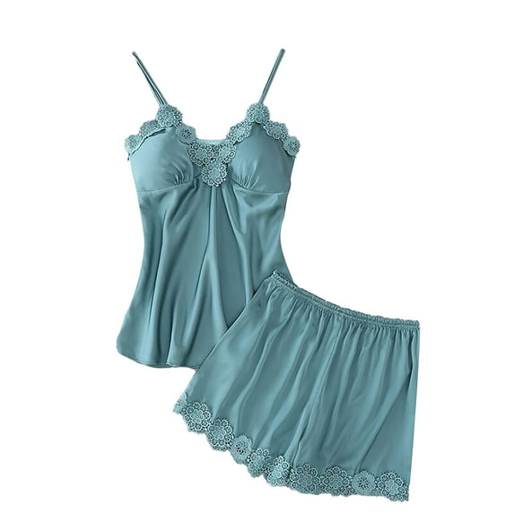 Women Satin Pajama Set Lace Cami Top and Shorts Silk Sleepwear Two Piece Loungewear Nightwear Pjs