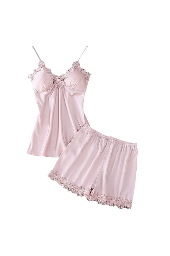 Women Satin Pajama Set Lace Cami Top and Shorts Silk Sleepwear Two Piece Loungewear Nightwear Pjs