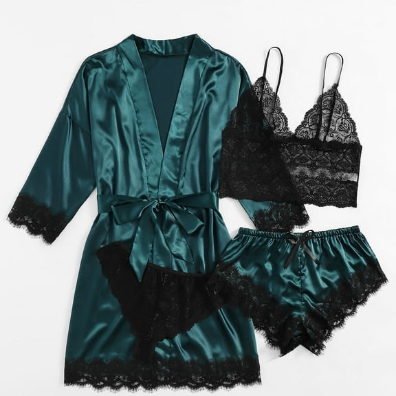 Women Satin Pajamas Set 4PCS Lace Cali Nightgown Sleepwear Hollow out Cami Wireless Bras Panty with Robe Green XL