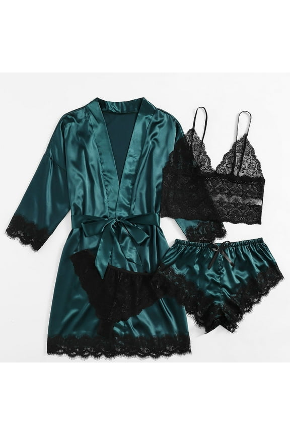 Women Satin Pajamas Set 4PCS Lace Cali Nightgown Sleepwear Hollow out Cami Wireless Bras Panty with Robe Green XL