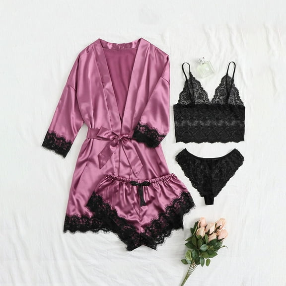Women Satin Pajamas Set 4PCS Lace Cali Nightgown Sleepwear Hollow out Cami Wireless Bras Panty with Robe Purple XS