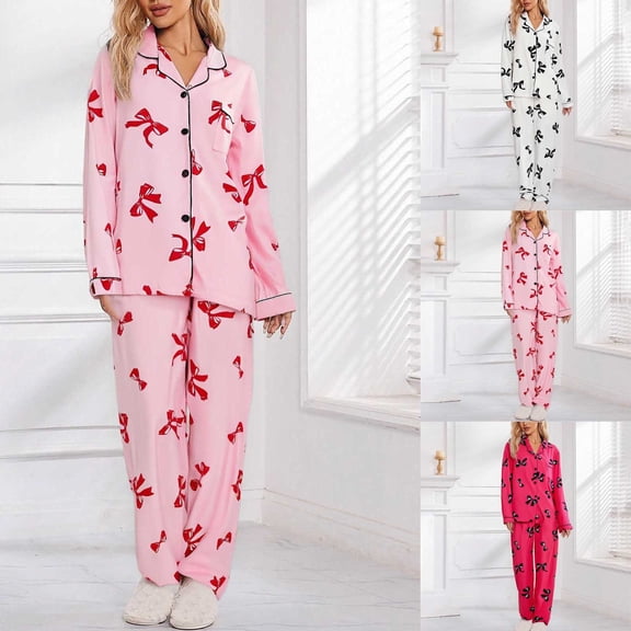 Women Satin Pajamas Set Bows Feather Trim Long Sleeve Shirt Pants Silk 2 Piece Pjs Set Sleepwear Pjs Sets For Women White S