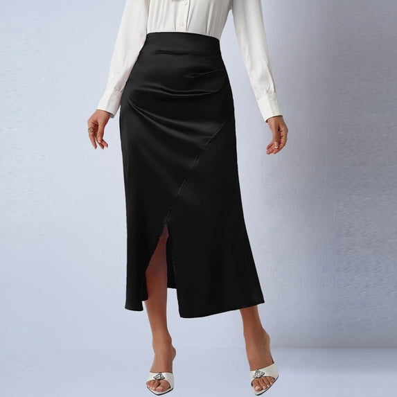 Women Satin Pencil Midi Skirt Elegant High Waisted Slit Solid Color Cocktail Party A-Line Skirts Black XL