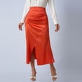 thumbnail image 1 of Women Satin Pencil Midi Skirt Elegant High Waisted Slit Solid Color Cocktail Party A-Line Skirts Orange XL, 1 of 8