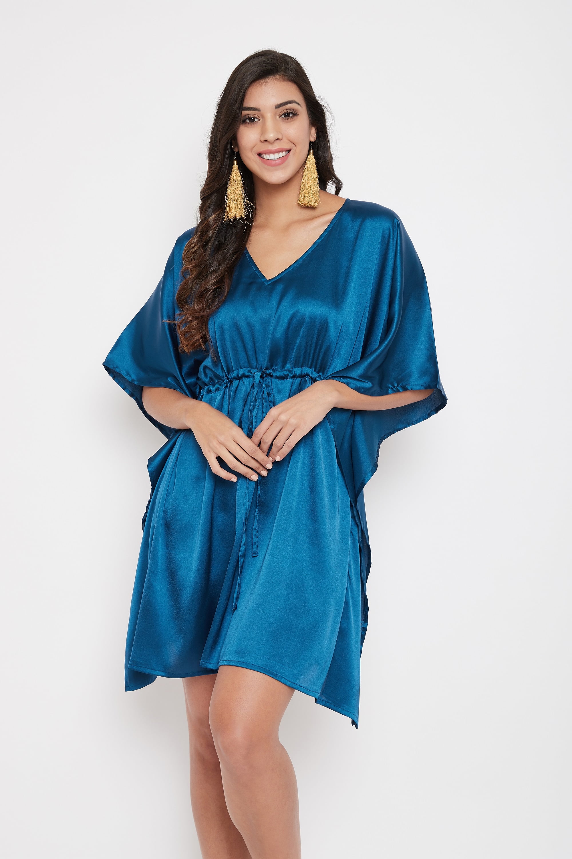 Adjustable Waist Satin Short Kaftan Dress for Women s Sleepwear