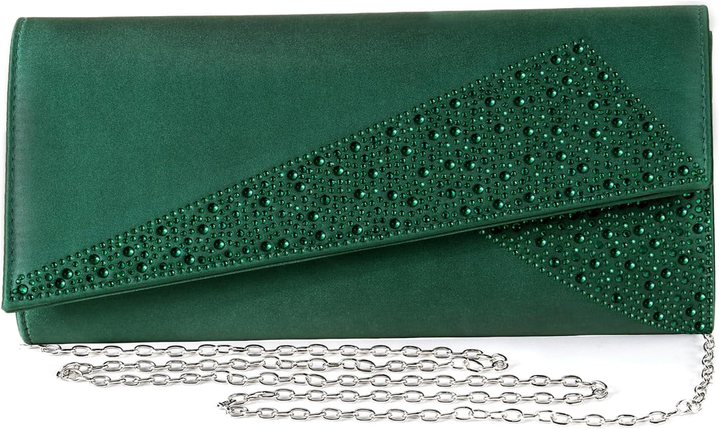 Women Satin Rhinestones Evening Bags Prom Bridal Clutch Purse Cross Body With Detachable Chain Strap
