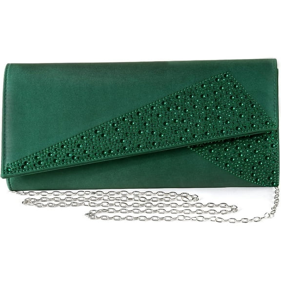 Women Satin Rhinestones Evening Bags Prom Bridal Clutch Purse Cross Body With Detachable Chain Strap