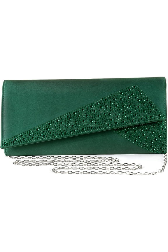 Women Satin Rhinestones Evening Bags Prom Bridal Clutch Purse Cross Body With Detachable Chain Strap