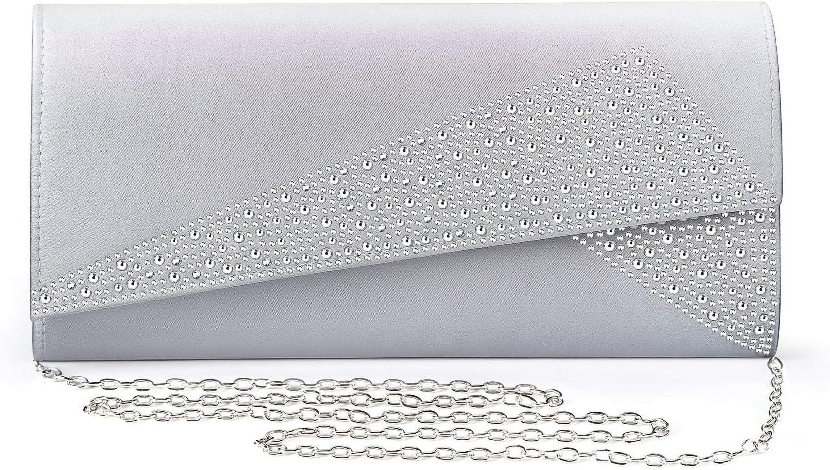 Women Satin Rhinestones Evening Bags Prom Bridal Clutch Purse Cross Body With Detachable Chain Strap