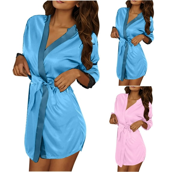 Women Satin Robe 3 Piece Set Short Kimono Bathrobe with Belt Soft Silk Sleepwear Bridesmaid Loungewear Nightwear