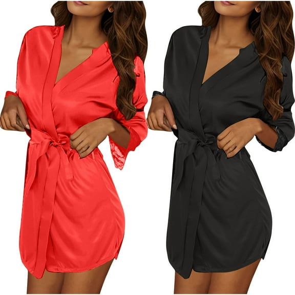 Women Satin Robe Set 2 Pc Silk Bathrobe Kimono Sleepwear Lightweight Loungewear Bridesmaid Dressing Gown