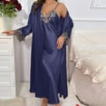 thumbnail image 1 of Women Satin Robe Set 2 Piece Long Pajamas Sets Lace V-Neck Cami Sleep Dress Nightgown Robes Nightwear Set Casual Loungewear Dark Blue M, 1 of 5