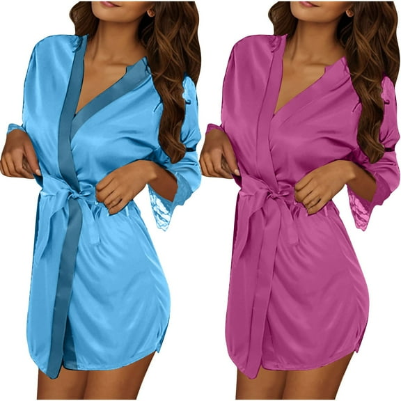 Women Satin Robe Set 2PCS Short Kimono Bathrobe with Belt Silk Sleepwear Bridesmaid Loungewear Nightwear