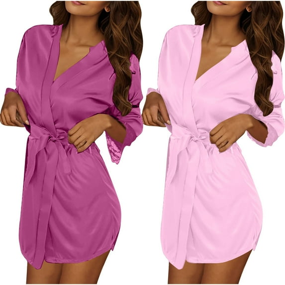 Women Satin Robe Set 2PCS Short Kimono Bathrobe with Belt Silk Sleepwear Bridesmaid Loungewear Nightwear