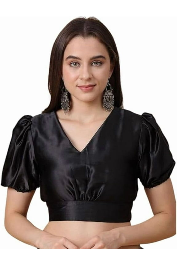 Women Satin Saree Blouse Piece V-neck Short Sleeve Crop Top Choli Sari Blouse Piece Black, 34