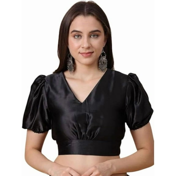 Women Satin Saree Blouse Piece V-neck Short Sleeve Crop Top Choli Sari Blouse Piece Black, 42