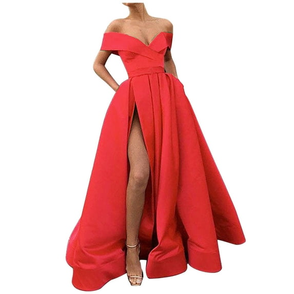 Women Satin Sexy Off the Shoulder Maxi Dress Deep V Neck Formal Cocktail Dress High Split Elegant Evening Prom Dress