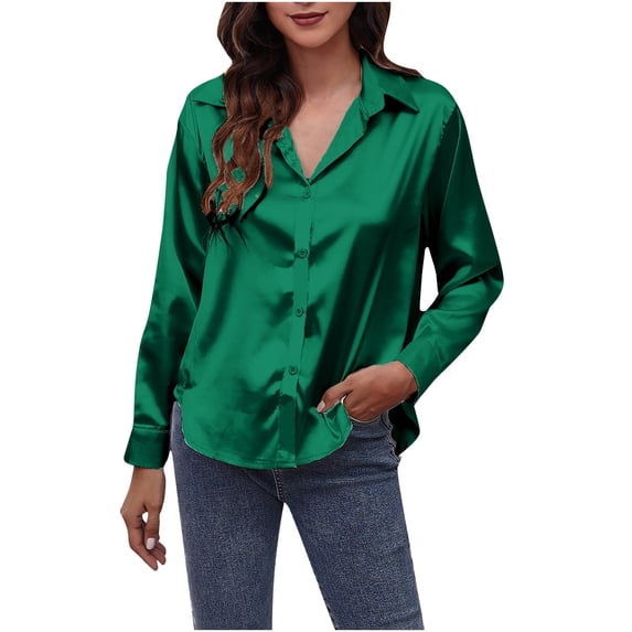 Women Satin Shirt Button Down Long Sleeve Tops Collared Solid Silk Shirt Elegant Work Office Business Casual Blouse Blouses & Shirts Ladies