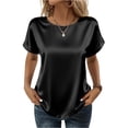 thumbnail image 1 of Women Satin Short Sleeve Blouse Crew Neck Loose Fit Casual Basic Top Lightweight Soft Silky TShirt for Everyday Wear Black L, 1 of 5