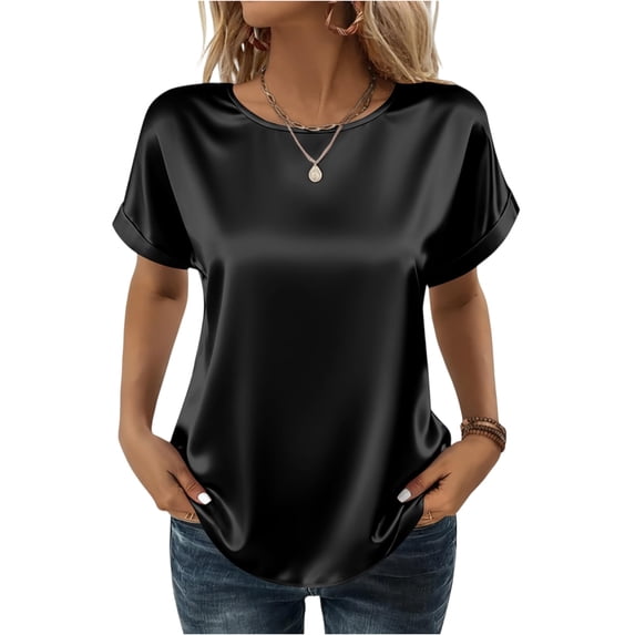 Women Satin Short Sleeve Blouse Crew Neck Loose Fit Casual Basic Top Lightweight Soft Silky TShirt for Everyday Wear Black L