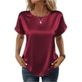 thumbnail image 1 of Women Satin Short Sleeve Blouse Crew Neck Loose Fit Casual Basic Top Lightweight Soft Silky TShirt for Everyday Wear Wine L, 1 of 5