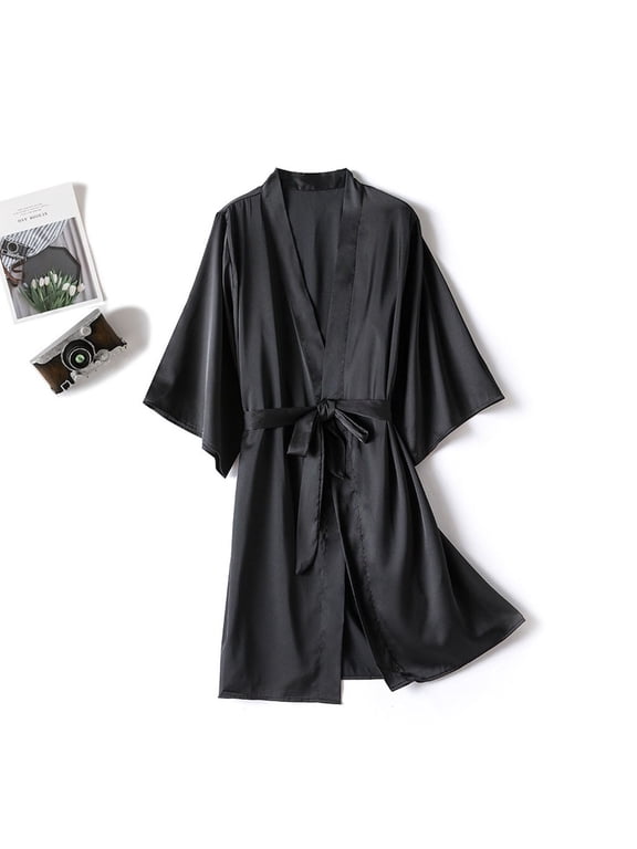 Women Satin Silk Belted Bathrobe Nightgown Set, Silky Smooth Loose Fit Elegant Dressing Gown Sleep Loungewear For Nighttime Wear Black XXL