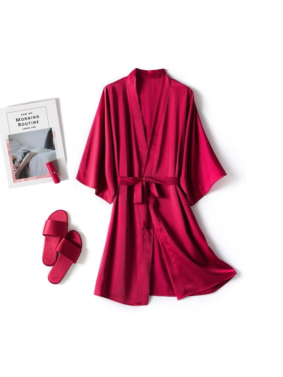 Women Satin Silk Belted Bathrobe Nightgown Set, Silky Smooth Loose Fit Elegant Dressing Gown Sleep Loungewear For Nighttime Wear Red XXXL