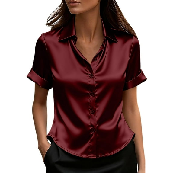Women Satin Silk Blouse Short Sleeve Button Down Shirt Loose V Neck Tunic Top Business Casual Work Outfits Tops