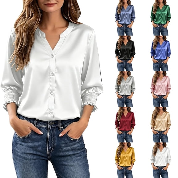 Women Satin Silk Blouses V Neck 3/4 Sleeve Button Down Shirts Tops Dressy Satin Business Blouses Shoulder Gathers,Fall Clothes, Business or Casual Weekends, Lightweight and Elegant
