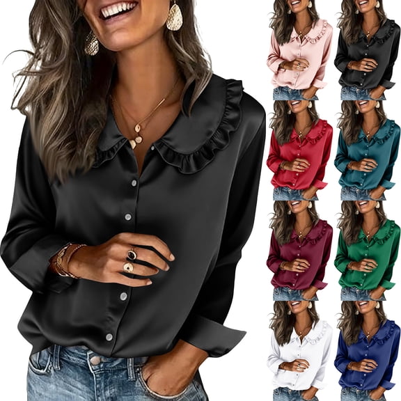 Women Satin Silk Button Down Shirt Ladies Long Sleeve Tops V Neck Loose Blouse Dressy Business Casual Work Tunic Fall Black XL