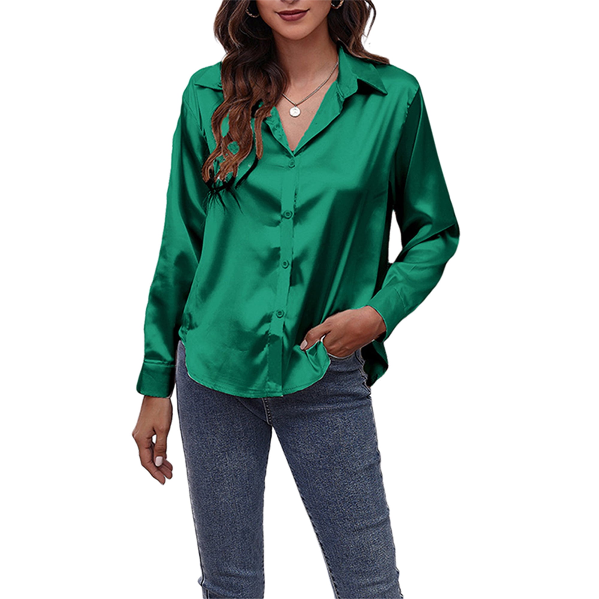 Thorny kompas øst Women Satin Silk Button Shirts Long Sleeve V NeckStain Casual Blouse Tops  Plus Size Work Smooth Shirts Tops - Walmart.com