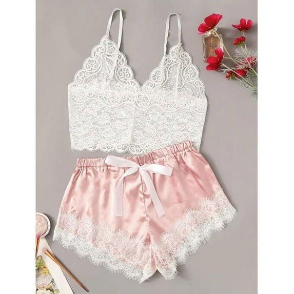 Women Satin Silk Lace Sleepwear Lace Floral V Neck Sleeveless Pajamas Sets