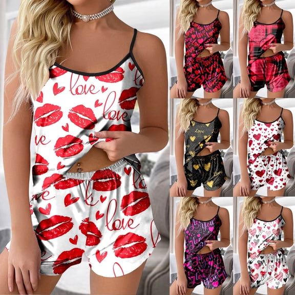 Women Satin Silk Pajamas Valentine Red Lip Print Classic Long Sleeve Button Down Pjs Set Soft Loungewear Womens Pjs Sets M