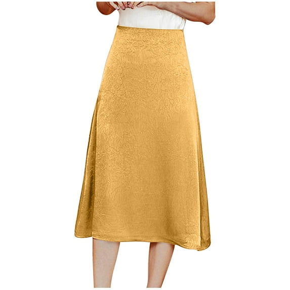 Women Satin Silk Skirt A-Line High Waist Ruffle Midi Skirt Solid Color Mermaid Formal Evening Party Skirts Elegant Office Work Skirts