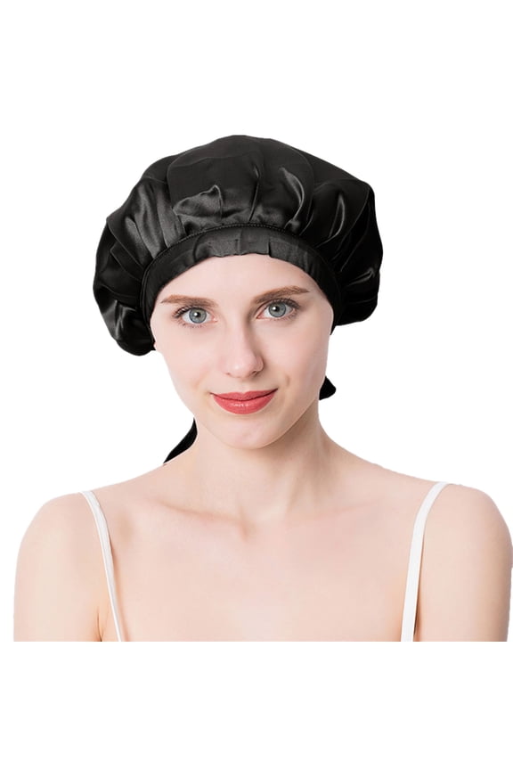 Women Satin Sleep Bonnet Adjustable Tie Back Hair Protection Cap for All Hair Types - Black