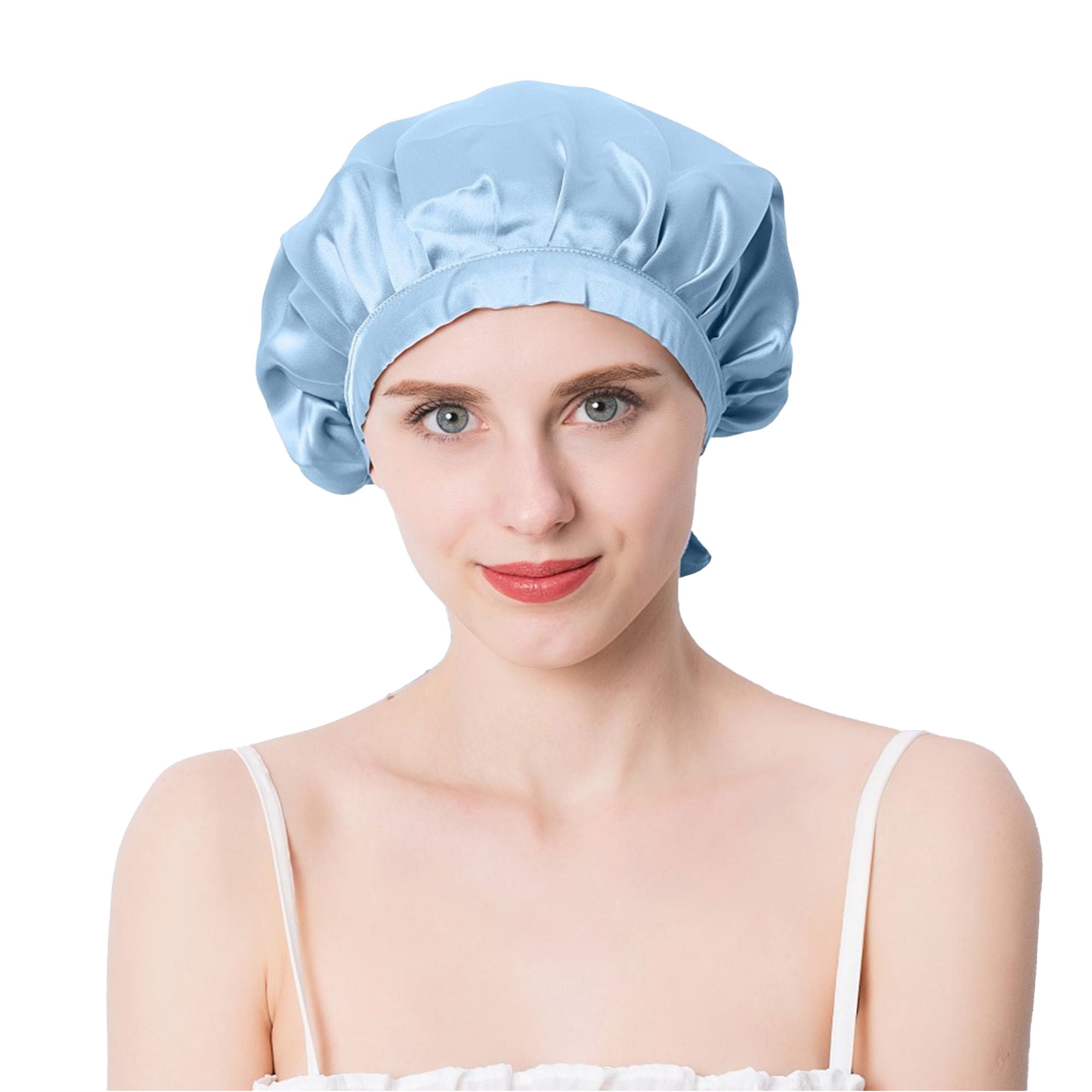 Women Satin Sleep Bonnet Adjustable Tie Back Hair Protection Cap for All Hair Types - Light Blue