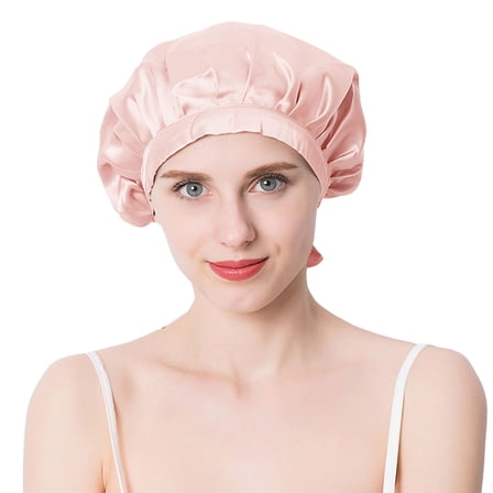Women Satin Sleep Bonnet Adjustable Tie Back Hair Protection Cap for All Hair Types - Pink