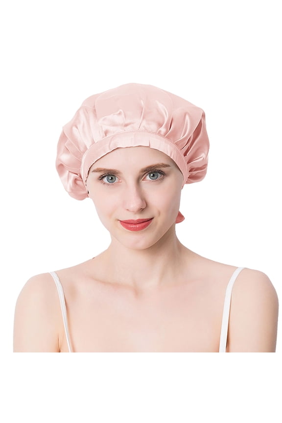 Women Satin Sleep Bonnet Adjustable Tie Back Hair Protection Cap for All Hair Types - Pink