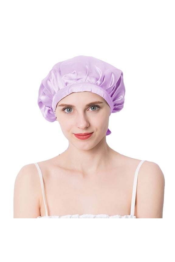 Women Satin Sleep Bonnet Adjustable Tie Back Hair Protection Cap for All Hair Types - Purple