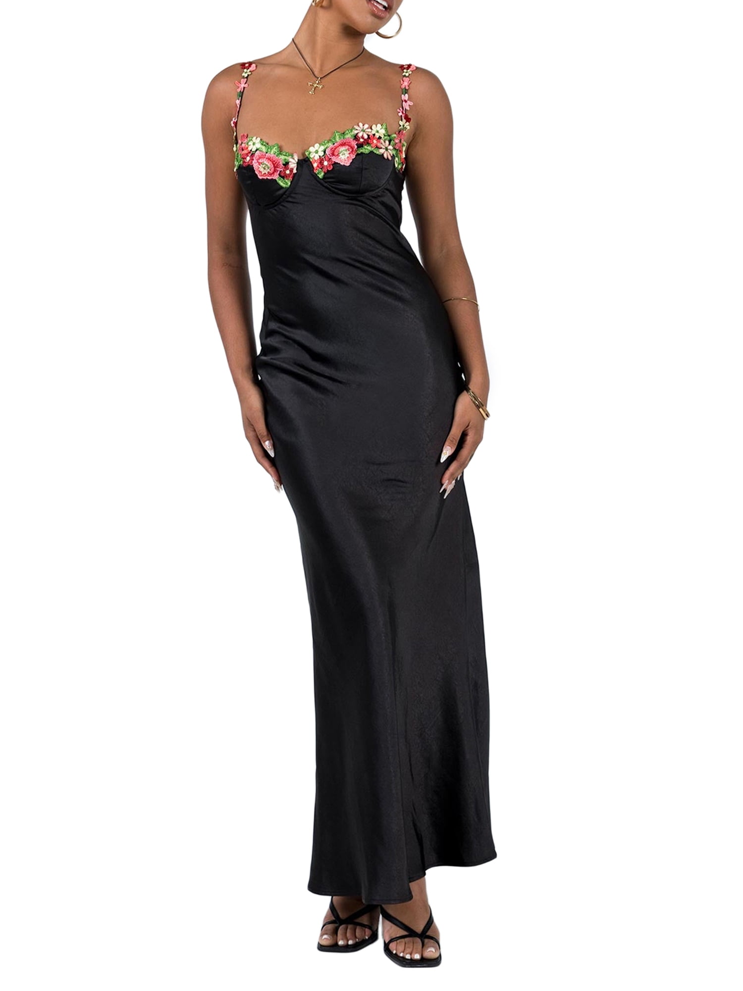 Floral Spaghetti Straps Satin Black Maxi Dress Floral Spaghetti Straps Satin Black Maxi Dress