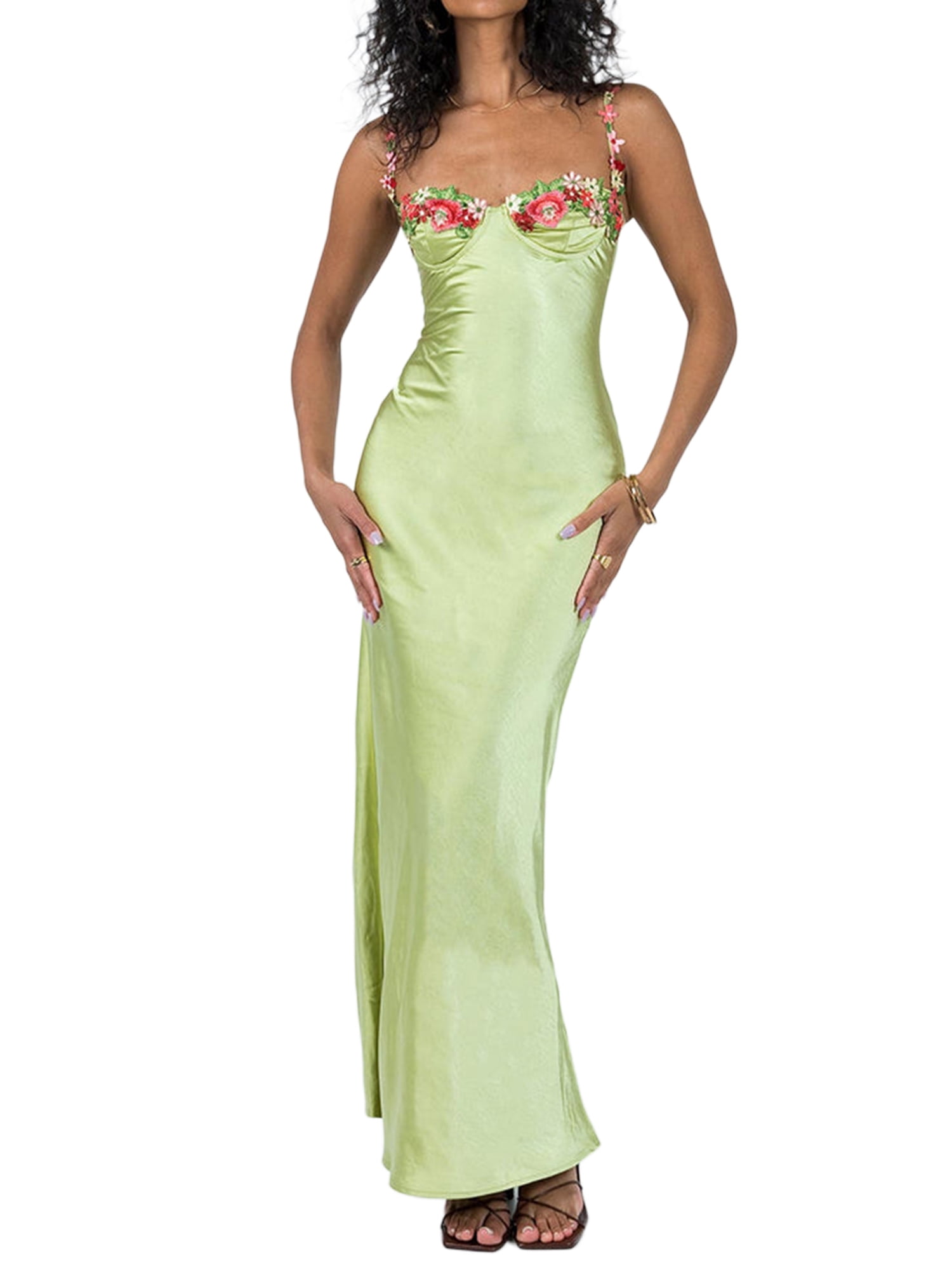Women Satin Spaghetti Strap Maxi Dress Flower Embroidery Sleeveless Backless Bodycon Long Dress Y2K Cocktail Party Dress - Walmart Business Supplies Women Satin Spaghetti Strap Maxi Dress Flower Embroidery Sleeveless Backless Bodycon Long Dress Y2K Cocktail Party Dress - Walmart Business Supplies