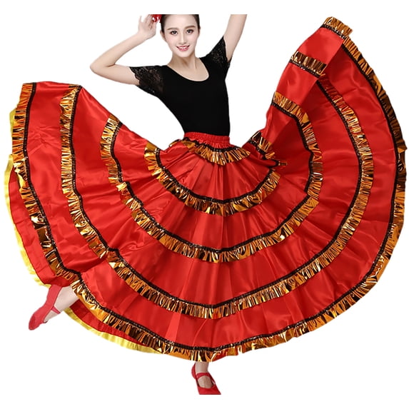 Women Satin Spanish Flamenco Dance Skirt Swing Modern Ruffle Pleated Frill Ballroom Dancewear
